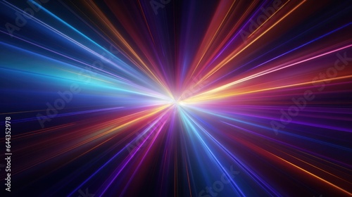 Abstract dark background of light with stripes of colorful rays moving from the center.