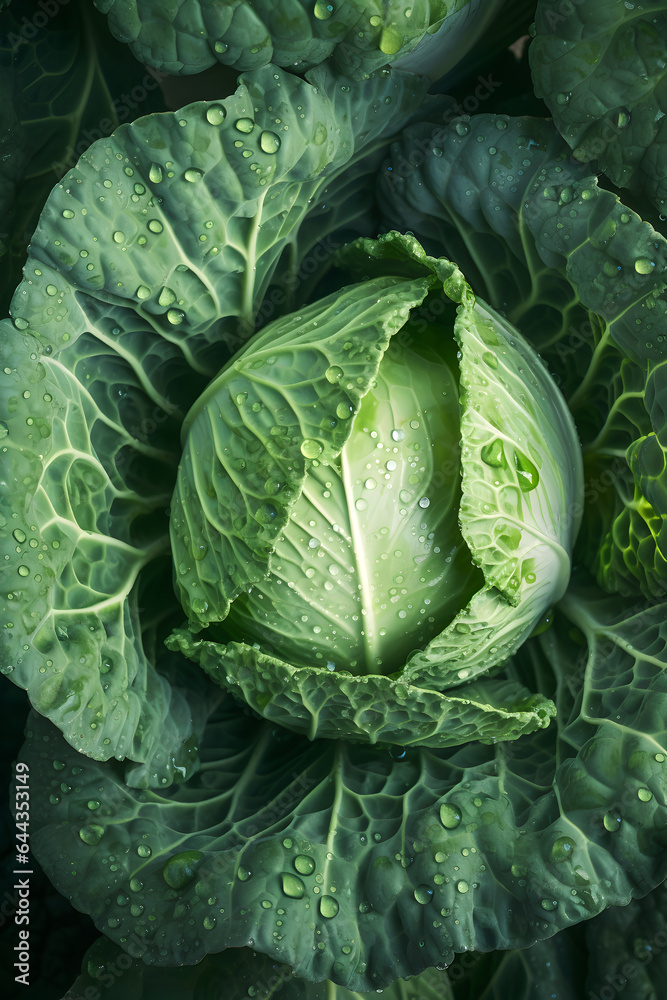 Obraz premium Creative greens vegetable concept. Fresh cabbage glistering with water droplet