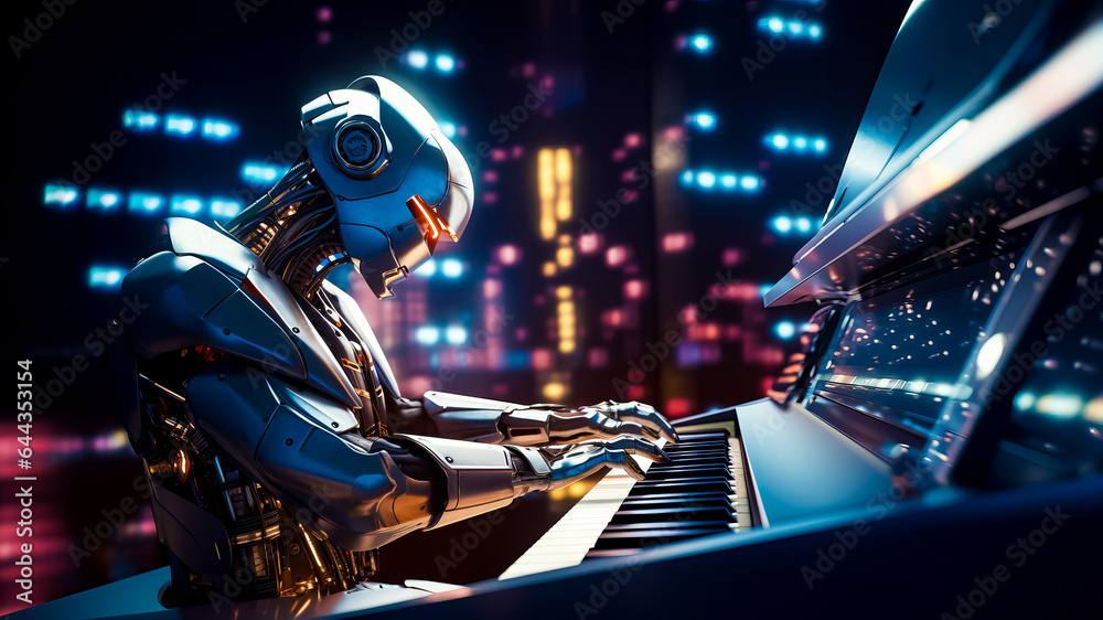 Robot playing piano in front of cityscape at night.