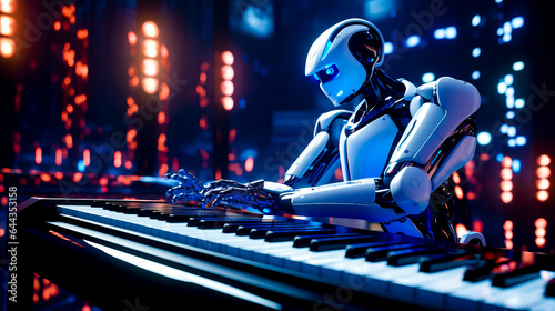 Robot sitting on top of piano keyboard in front of microphone. © Констянтин Батыльчук