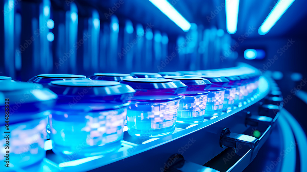 Row of plastic containers sitting on top of conveyor belt in factory. Row of plastic containers sitting on top of conveyor belt in factory.