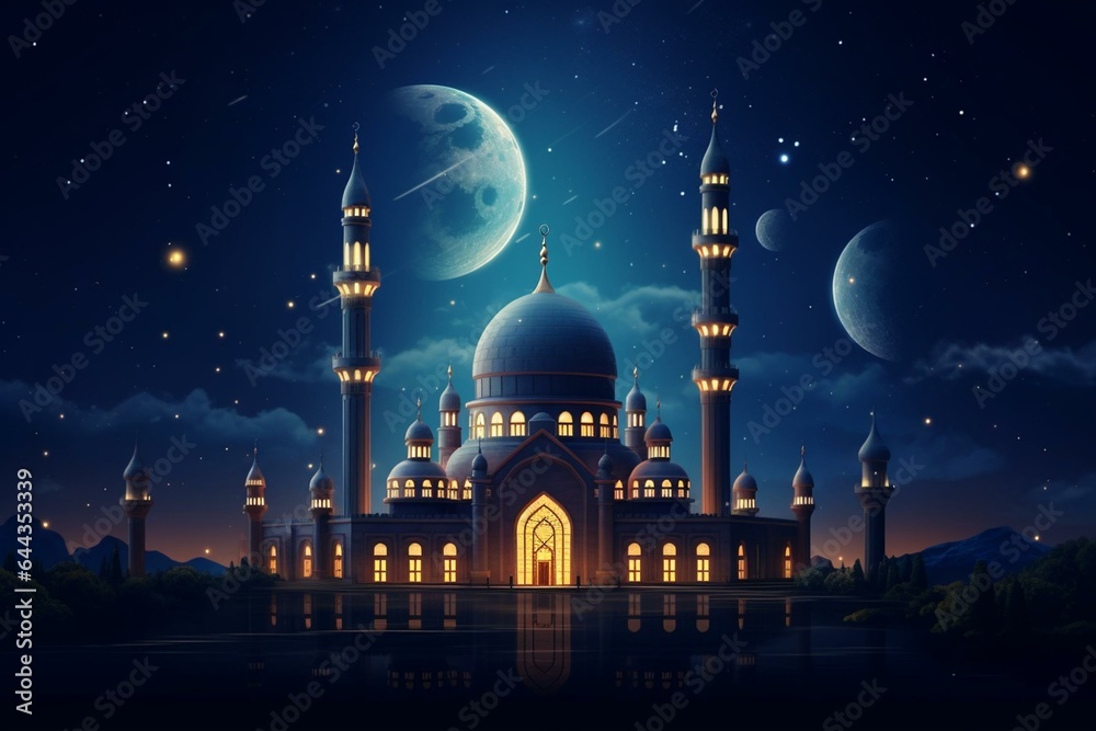Mosque with dome and minaret on a night sky. Symbolic of Islam and Ramadan. Generative AI