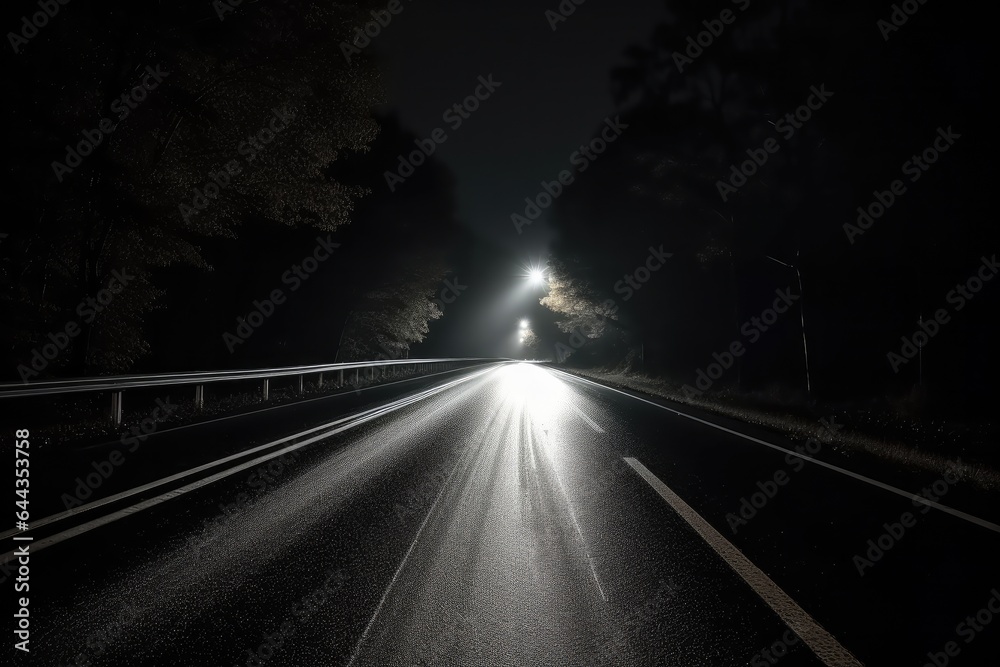A nighttime drive through a foggy forest, with car headlights breaking through the fog creating a beautiful and atmospheric journey down a winding road.