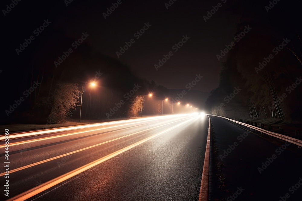 A bustling urban night scene on a well-lit highway as cars rush past leaving bright trails of red and white lights in the dark, creating a dynamic and vibrant cityscape.