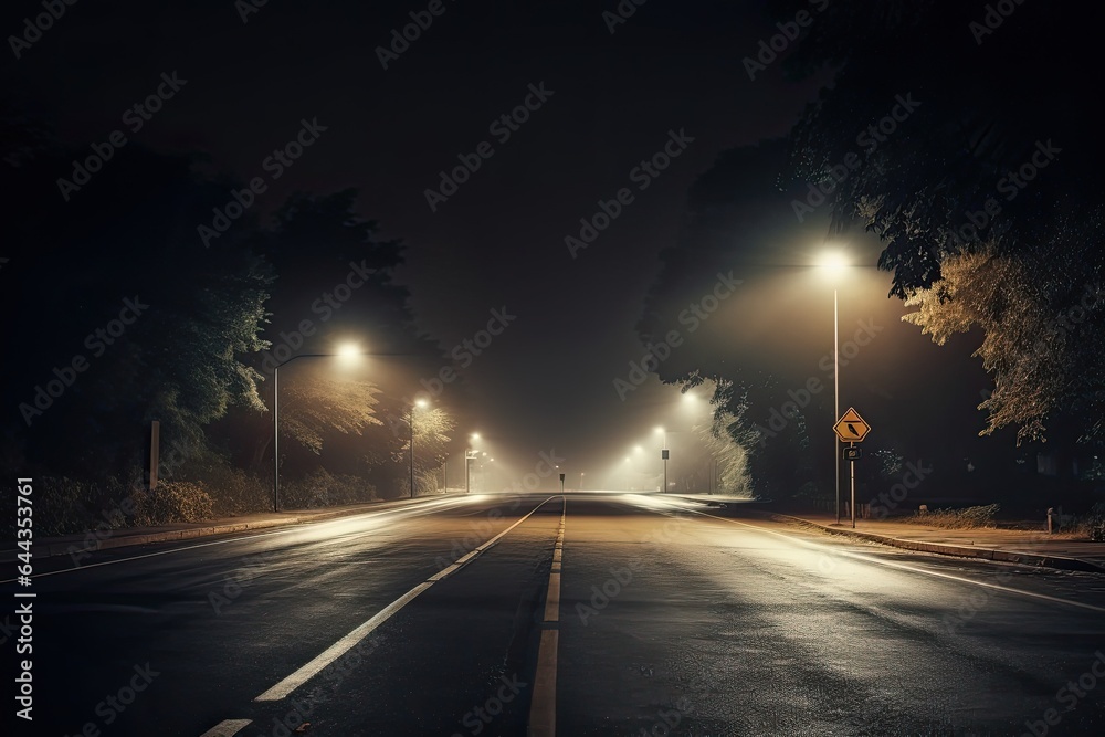 A foggy night on a lonely city road, illuminated by dim street lights, creates an eerie and mysterious atmosphere.