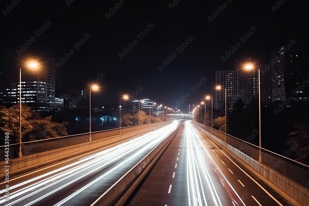 Dynamic city night scene with stripes of car lights on a busy highway showcasing modern architecture and bustling city life against the backdrop of glowing buildings and a twilight sky.