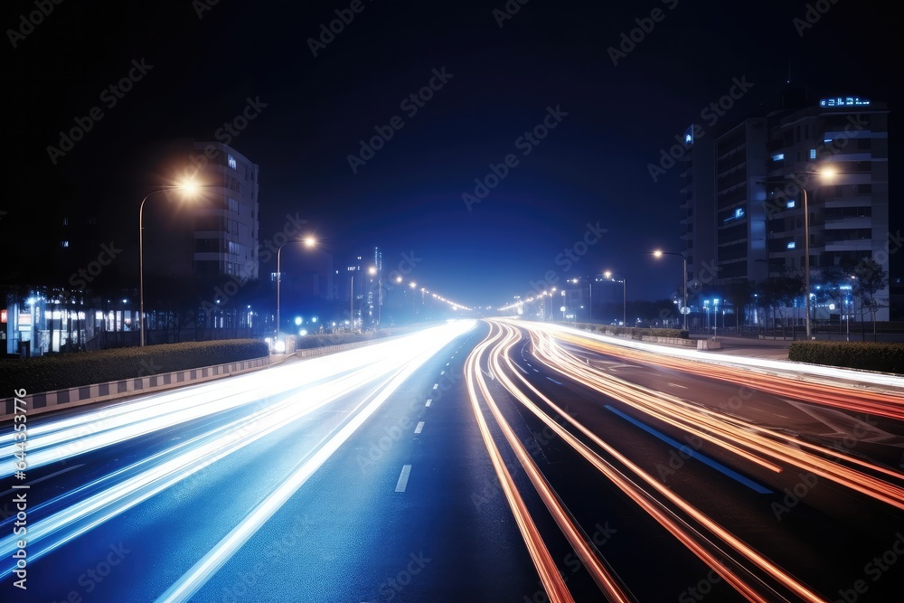 A vibrant nighttime cityscape with a busy highway, fast traffic and streaks of light, showcasing modern architecture and infrastructure in a European urban environment.