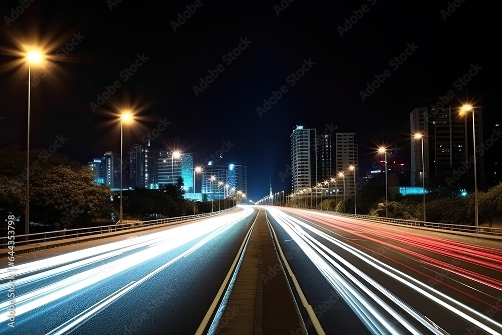 Night city lights create a fast moving city blur as cars race down the highway.