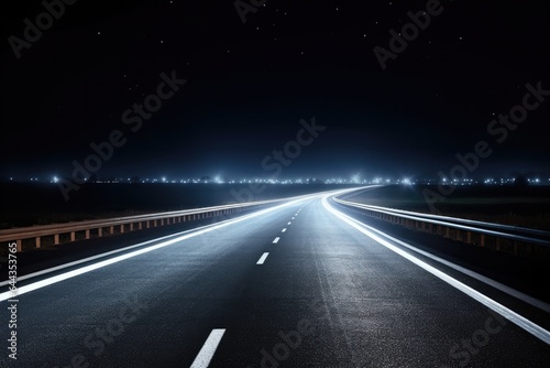 A nighttime drive on a busy highway where car lights pierce the darkness, creating a dynamic urban scene with a winding road ahead symbolizing the thrill of high-speed travel.