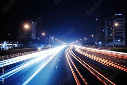 A vibrant nighttime cityscape with a busy highway, fast traffic and streaks of light, showcasing modern architecture and infrastructure in a European urban environment.