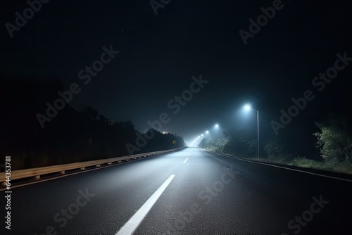 A dark and foggy night on a deserted road with streetlights creating an eerie and lonely atmosphere as the city sinks into obscurity. © Iryna