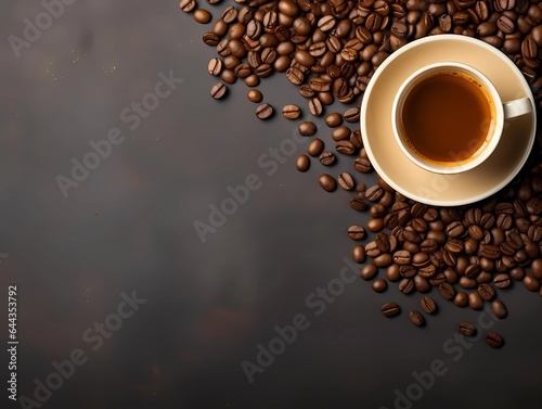Coffee background. Top view. Cup of Coffee and coffee beans on a dark background with copy space. Ai Generative