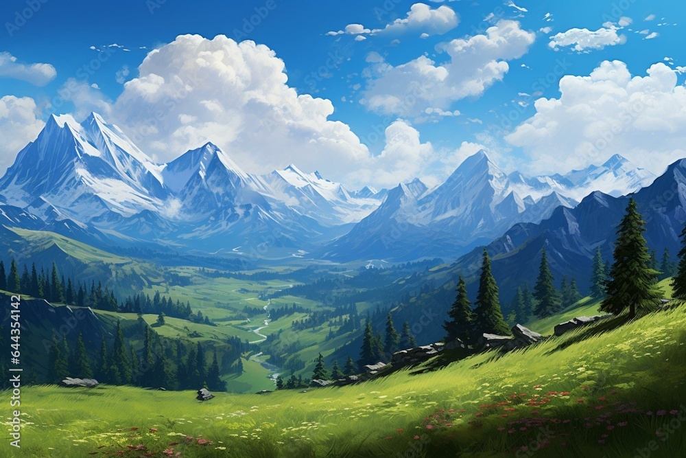Lush alpine vista with verdant pastures and snowy peaks against blue sky. Generative AI