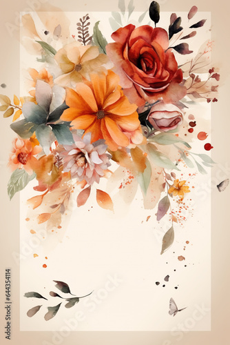 Colorful floral decoration illustration background template, creative arrangement of nature and flowers. Good for banner, wedding card invitation draft, greetings, and design element. Generative AI.
