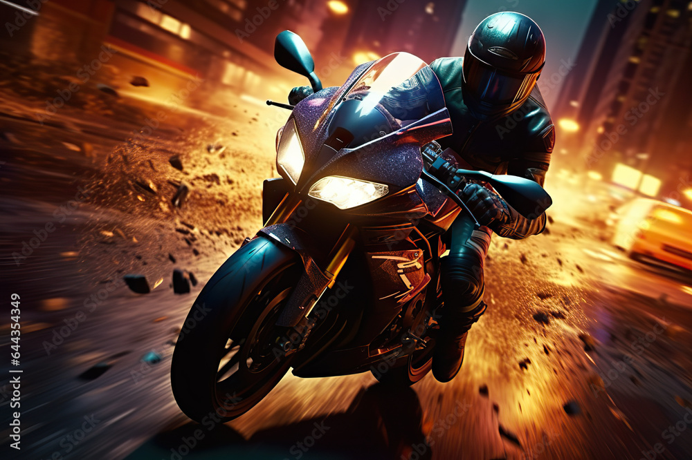 High-Octane Motorcycle Chase Hero Evades Police in Explosive Action Movie Scene. created with Generative AI