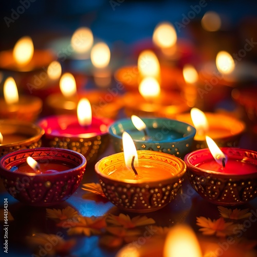 Happy diwali diya lamps lit up for dipavali Hindu festival of lights celebration