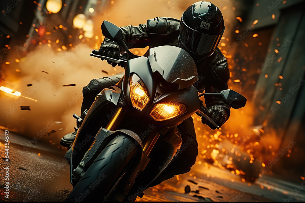 High-Octane Motorcycle Chase Hero Evades Police in Explosive Action Movie Scene. created with Generative AI