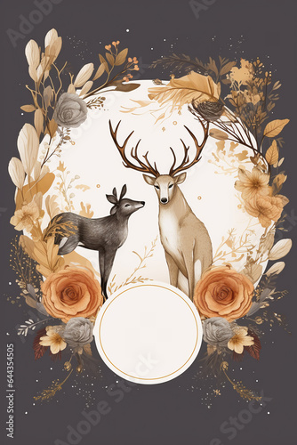 Colorful floral decoration illustration background template, creative arrangement of nature and flowers. Good for banner, wedding card invitation draft, greetings, and design element. Generative AI.