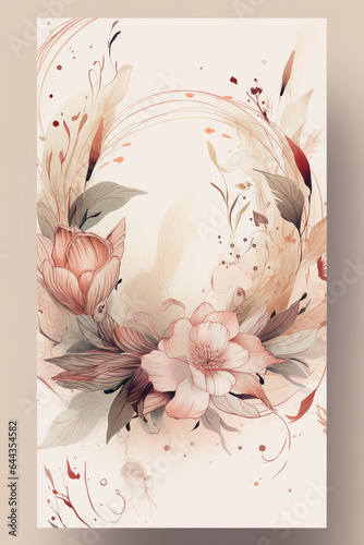Colorful floral decoration illustration background template, creative arrangement of nature and flowers. Good for banner, wedding card invitation draft, greetings, and design element. Generative AI.