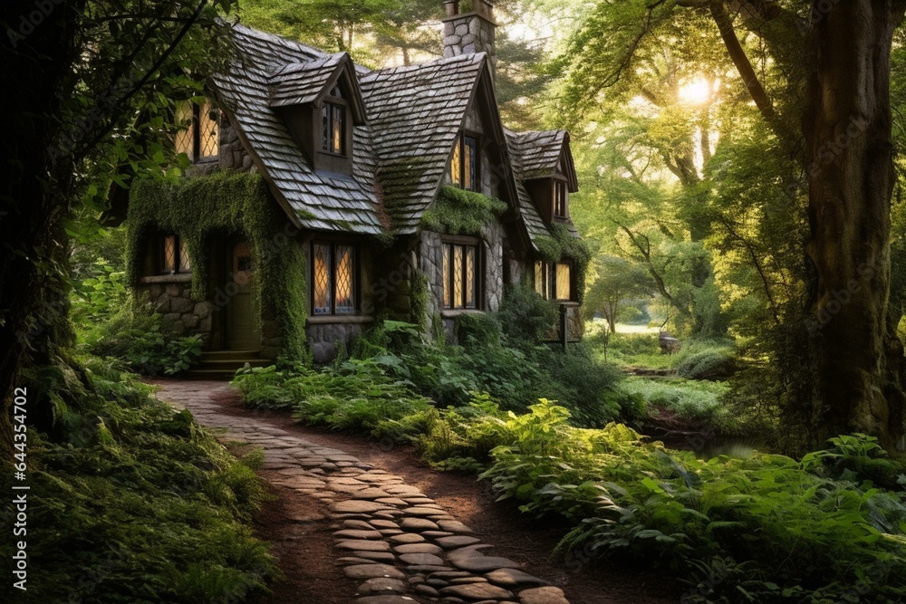 Enchanting path through mystical woods to charming cottage. Generative AI