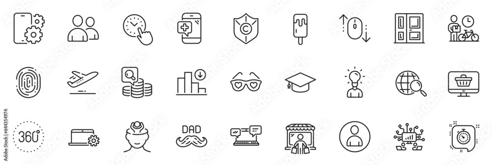 Icons pack as Plane, Teamwork and Notebook service line icons for app include Users, Fingerprint, Copyright protection outline thin icon web set. Medical phone, Entrance. Plane outline sign. Vector