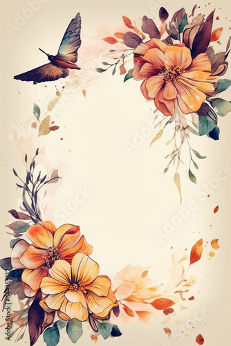 Colorful floral decoration illustration background template, creative arrangement of nature and flowers. Good for banner, wedding card invitation draft, greetings, and design element. Generative AI.