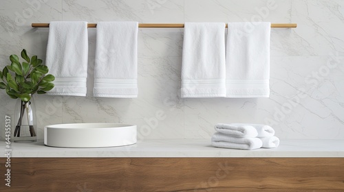 White towel hanging on the wall in bathroom with white marble tile wall. Bathroom interior