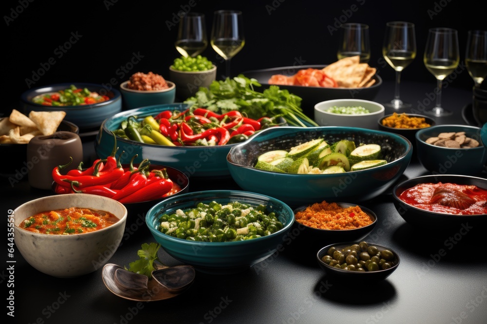 A table topped with bowls of food and glasses of wine. Digital image. Spanish tapas.
