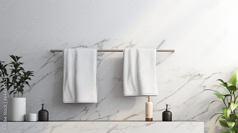 White towel hanging on the wall in bathroom with white marble tile wall. Bathroom interior White towel hanging on the wall in bathroom with white marble tile wall. Bathroom interior