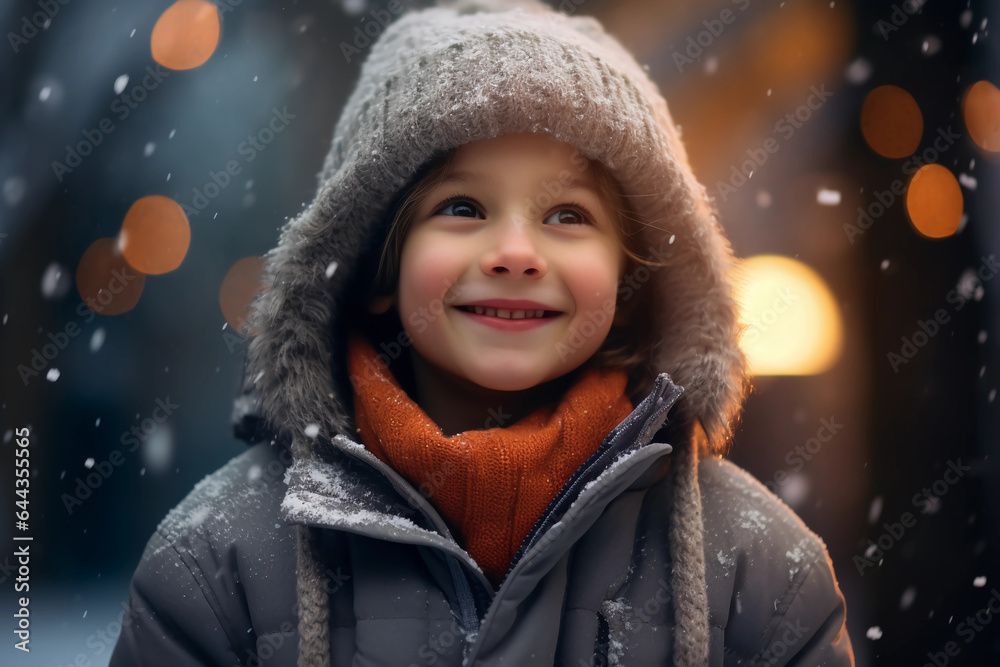 portrait of a child dressed in winter clothes, rejoicing in the first snow and winter portrait of a child dressed in winter clothes, rejoicing in the first snow and winter