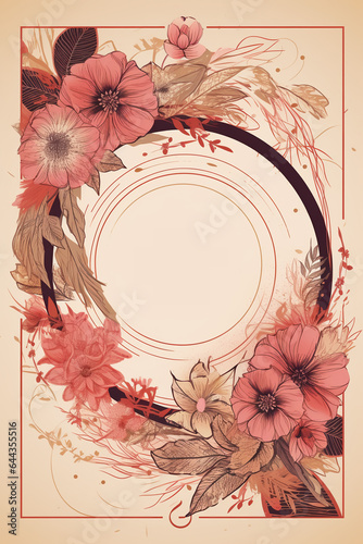 Colorful floral decoration illustration background template, creative arrangement of nature and flowers. Good for banner, wedding card invitation draft, greetings, and design element. Generative AI.