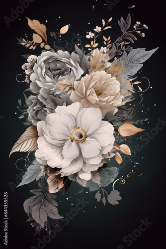 Colorful floral decoration illustration background template, creative arrangement of nature and flowers. Good for banner, wedding card invitation draft, greetings, and design element. Generative AI.