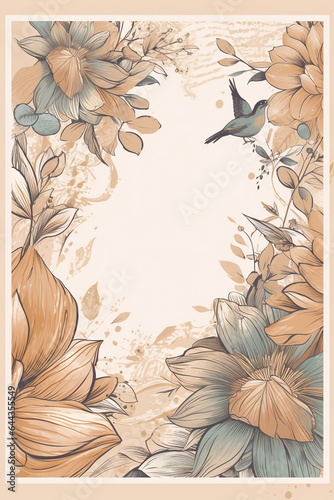Colorful floral decoration illustration background template, creative arrangement of nature and flowers. Good for banner, wedding card invitation draft, greetings, and design element. Generative AI.