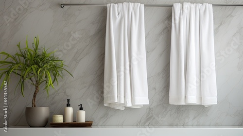 White towel hanging on the wall in bathroom with white marble tile wall. Bathroom interior