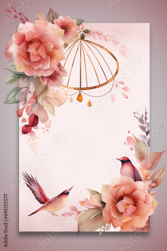 Colorful floral decoration illustration background template, creative arrangement of nature and flowers. Good for banner, wedding card invitation draft, greetings, and design element. Generative AI.