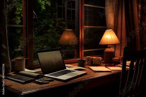 nighttime workspace with low light, table lamp, laptop computer. Generative AI