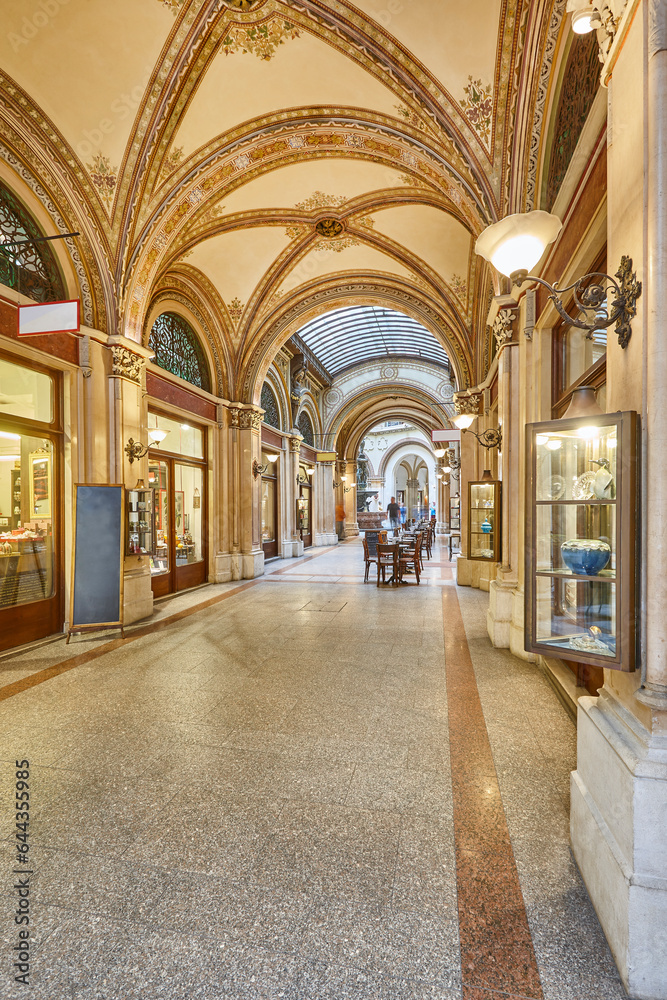 Traditional Freyung decorated passage in Vienna old town. Shopping. Austria