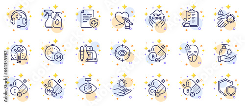 Outline set of Quarantine, Medical mask and Thiamine vitamin line icons for web app. Include Checklist, Wash hand, Social care pictogram icons. Microscope, Eye target, Sun protection signs. Vector