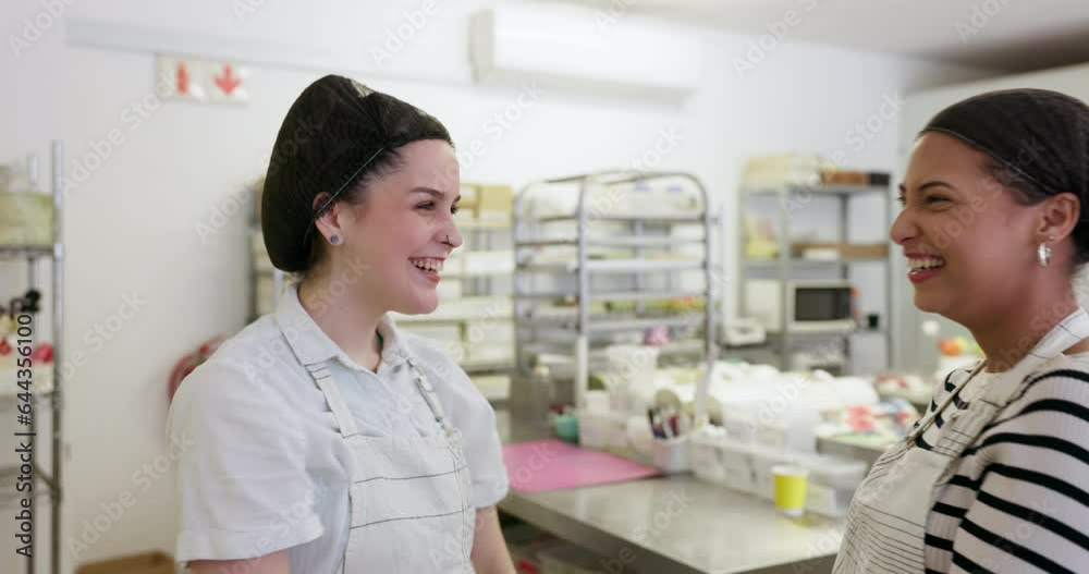 High five, wow and happy women friends in a bakery together for celebration as a winner team on a food order. Teamwork, surprise and excited with young people looking happy while baking in a kitchen High five, wow and happy women friends in a bakery together for celebration as a winner team on a food order. Teamwork, surprise and excited with young people looking happy while baking in a kitchen