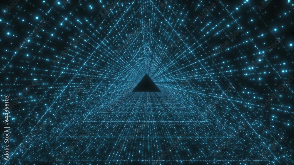 Movement through an abstract gloomy tunnel with a black void at the end. A tunnel in the form of triangles of colored luminous particles.