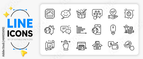 Cloud computing, Documents box and Wallet line icons set for app include Budget profit, Work home, Employees messenger outline thin icon. Sleep, Multitasking gesture. Vector