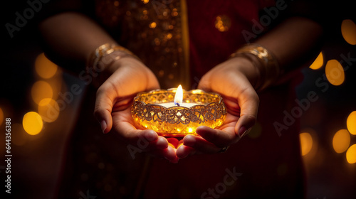 Traditional diya lamps lit during Diwali celebration. Generative AI