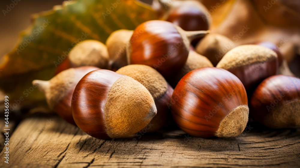 Close-up of acorns on a rustic wooden table. Close-up of acorns on a rustic wooden table.