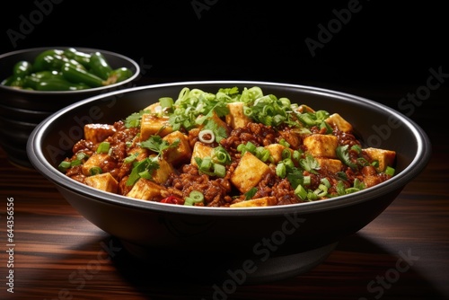 A bowl filled with tofu and green onions. Digital image. Sichuan Mapo tofu dish.