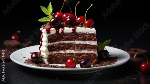 A piece of chocolate cake with cherries on top. Digital image. Black forest cake, swartswalder kirsch torte.