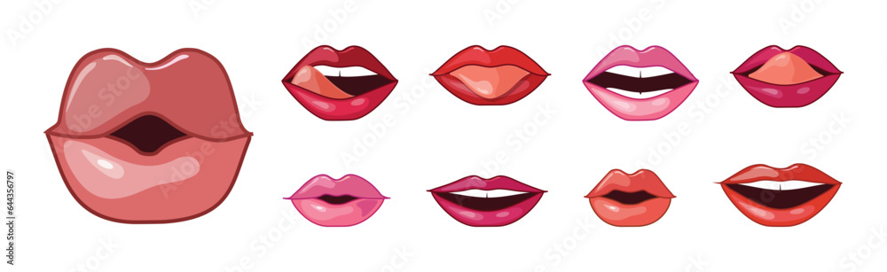 Different Woman Lips Icon of Pink and Red Color Vector Set