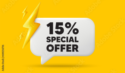 15 percent discount offer tag. 3d speech bubble banner with power energy. Sale price promo sign. Special offer symbol. Discount chat speech message. 3d offer talk box. Vector