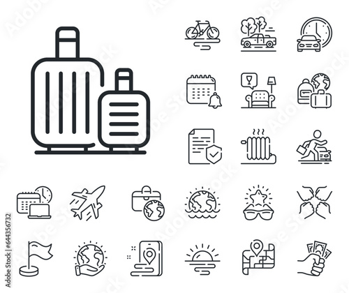 Travel luggage sign. Plane jet, travel map and baggage claim outline icons. Baggage line icon. Journey bag claim symbol. Baggage line sign. Car rental, taxi transport icon. Place location. Vector