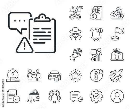 Attention task sign. Salaryman, gender equality and alert bell outline icons. Clipboard document line icon. Survey caution symbol. Clipboard line sign. Spy or profile placeholder icon. Vector