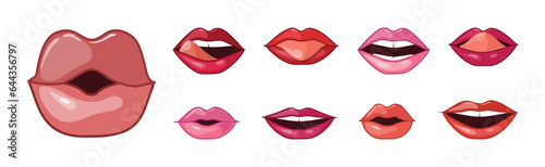 Different Woman Lips Icon of Pink and Red Color Vector Set